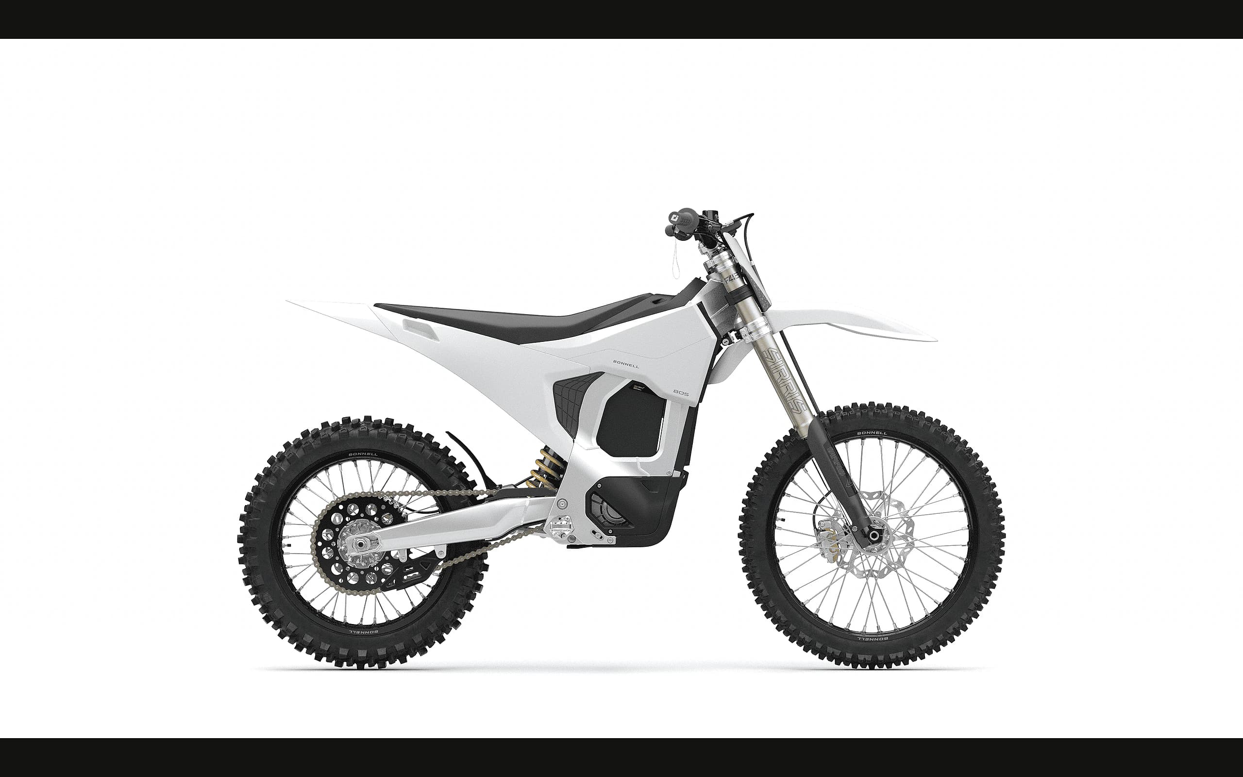 Bonnell 805 RX в заводском исполнении Helium White, лёгкий электрический off-road мотоцикл в полном профиле