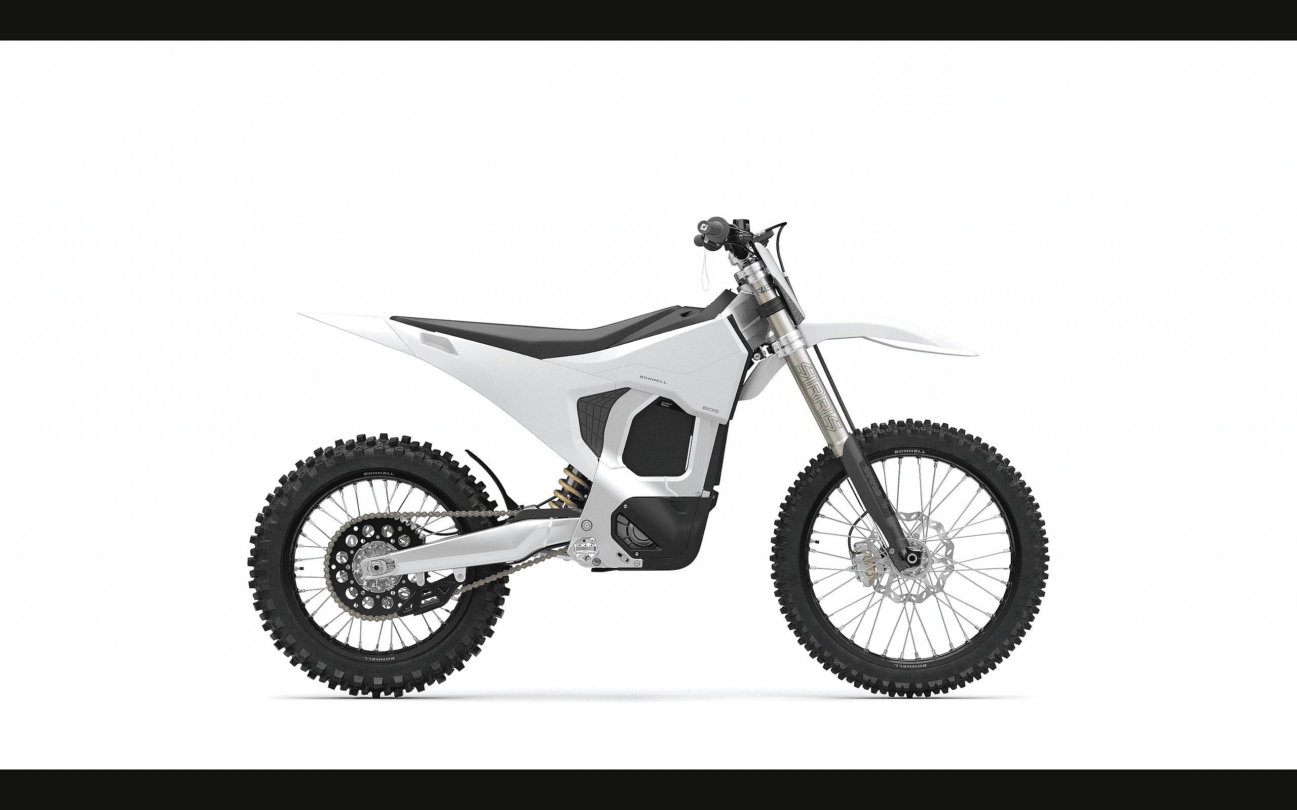 Bonnell 805 RX в заводском исполнении Helium White, лёгкий электрический off-road мотоцикл в полном профиле. Статичный poster; полный motion-опыт доступен внутри Specials.